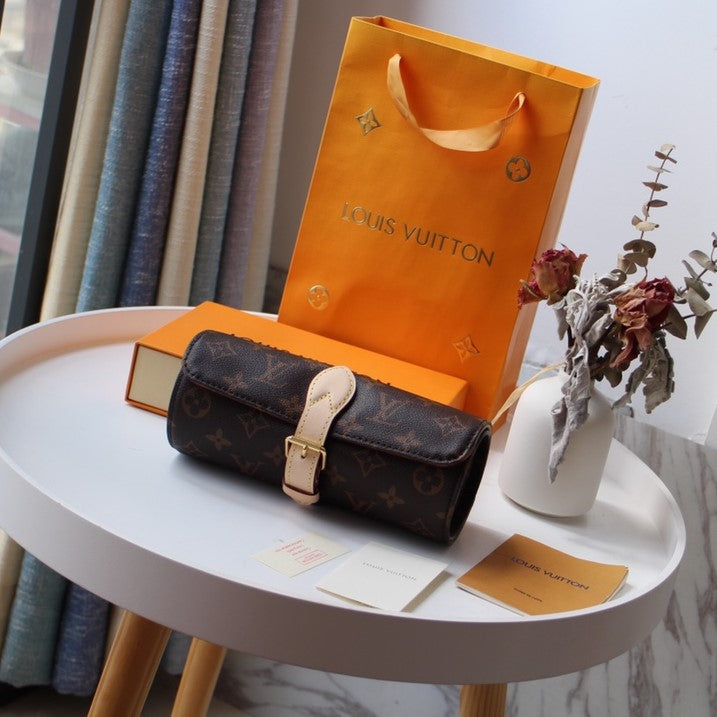 LV M47530 3 Watch Case Brown Beige Monogram Canvas & Cowhide HW