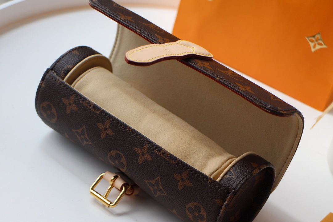 LV M47530 3 Watch Case Brown Beige Monogram Canvas & Cowhide HW