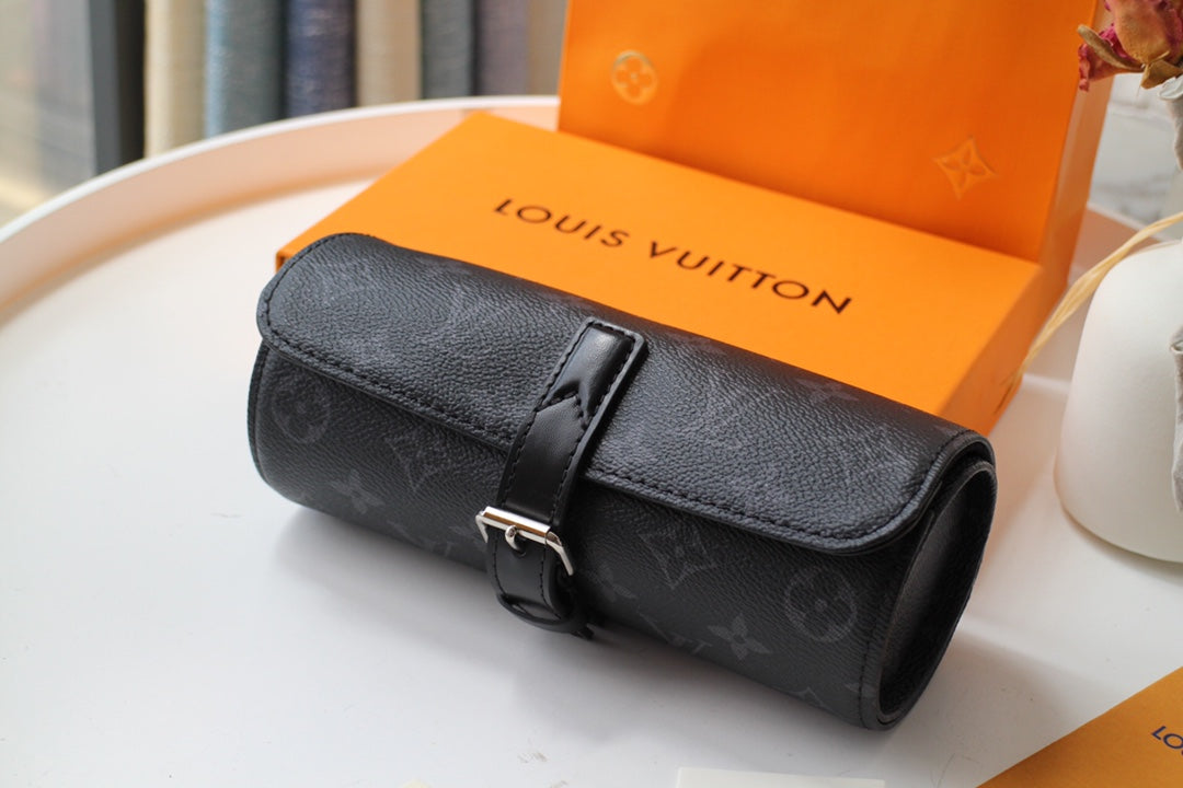 LV M47530 3 Watch Case Black Monogram Eclipse Canvas & Cowhide HW