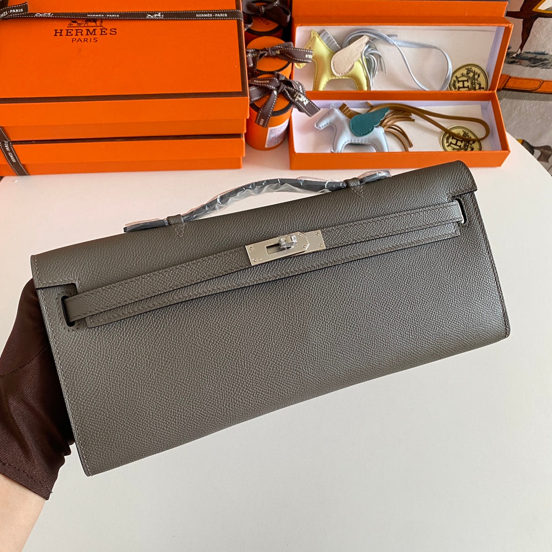 HM Kelly Cut 31 Fossil Gray Epsom Leather Silver Hardware 229053