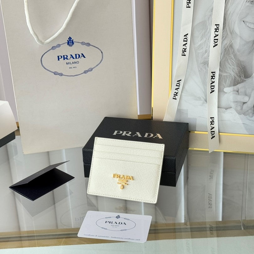 Pra Gold Logo-Stamp Card Holder White Saffiano Leather