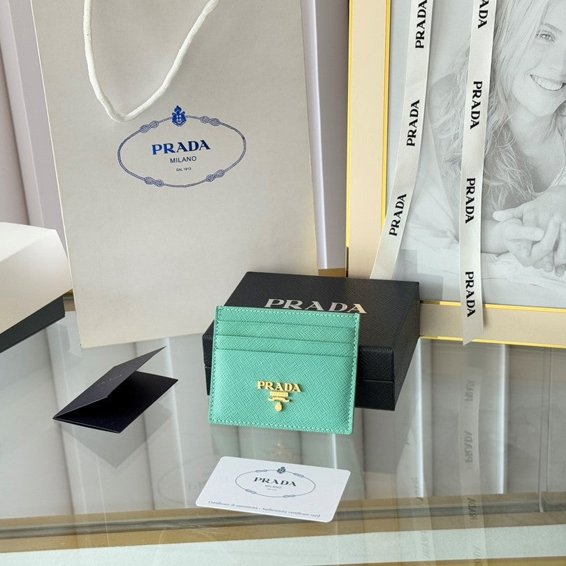 Pra Gold Logo-Stamp Card Holder Mint Saffiano Leather