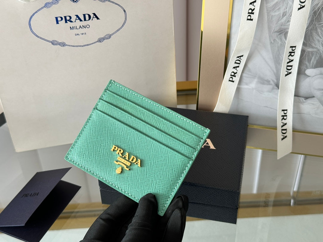 Pra Gold Logo-Stamp Card Holder Mint Saffiano Leather