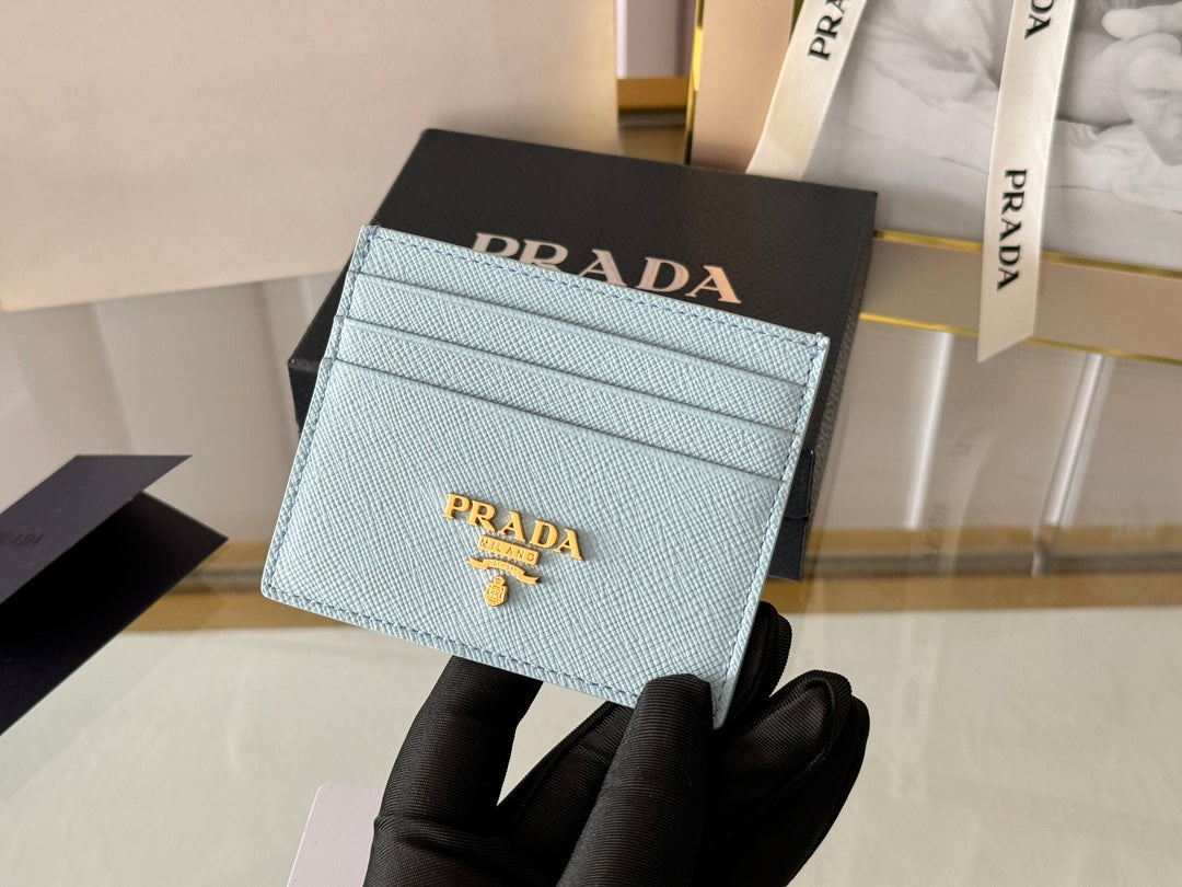 Pra Gold Logo-Stamp Card Holder Light Blue Saffiano Leather