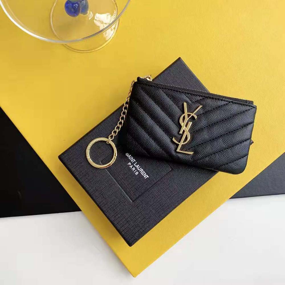 YSL Hook & Chain Zipper Coin Purse Caviar Cowhide GHW