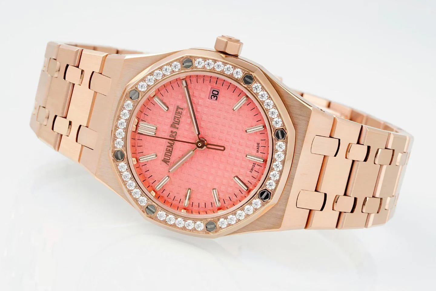 Audemars Piguet Royal Oak 34mm Pink Dial Pink Gold Case Diamond Bezel