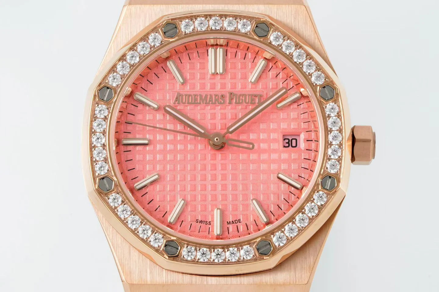 Audemars Piguet Royal Oak 34mm Pink Dial Pink Gold Case Diamond Bezel