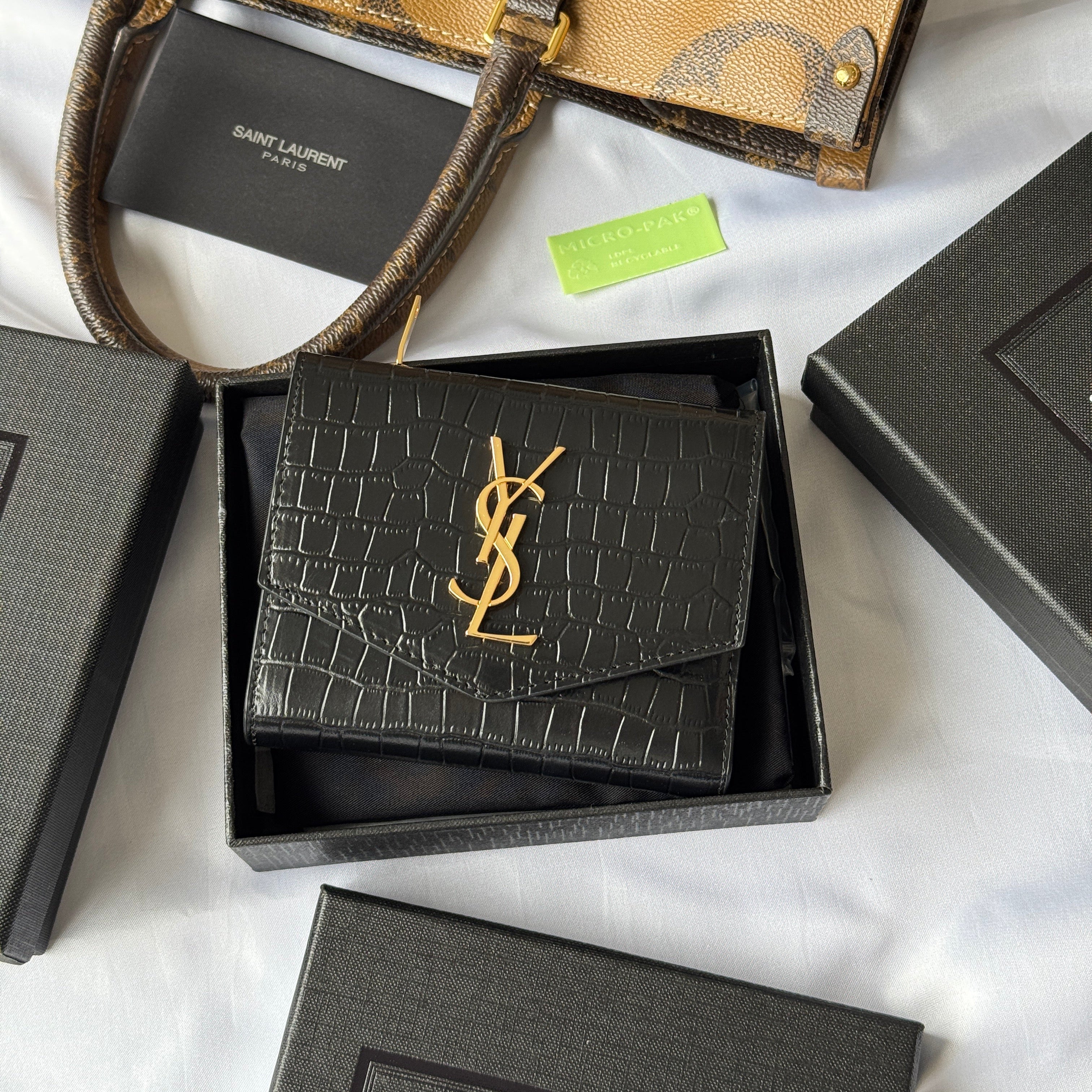 YSL Tri-fold Wallet 12cm Black Gold Alligator leather