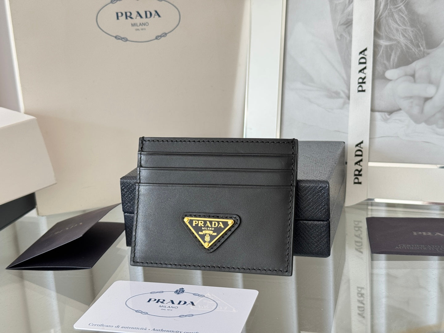 Pra Gold Logo-Plaque Card Holder Black Saffiano Leather