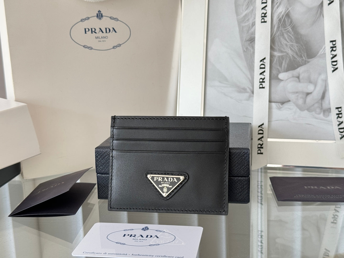Pra Metal Logo-Plaque Card Holder Black Saffiano Leather