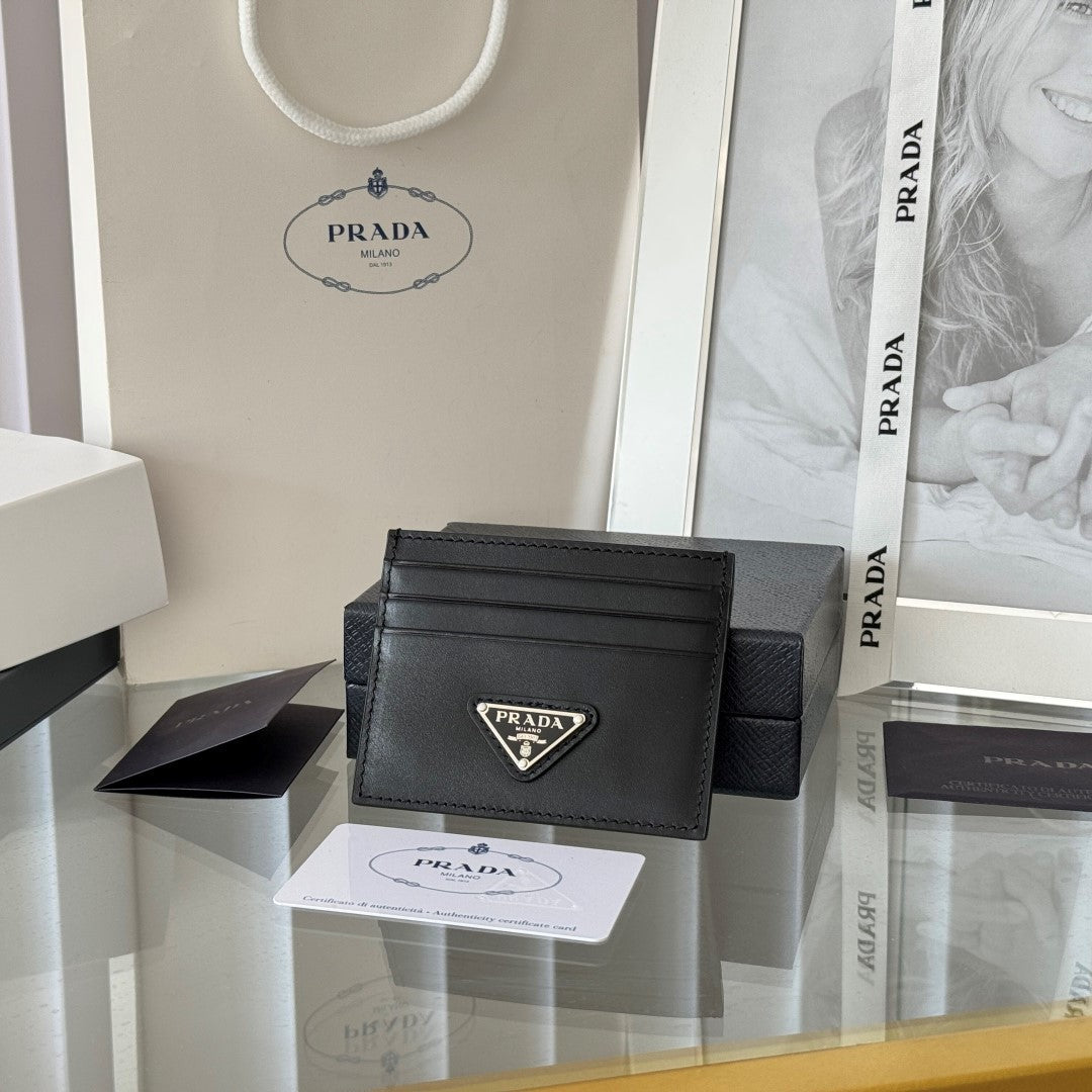 Pra Metal Logo-Plaque Card Holder Black Saffiano Leather