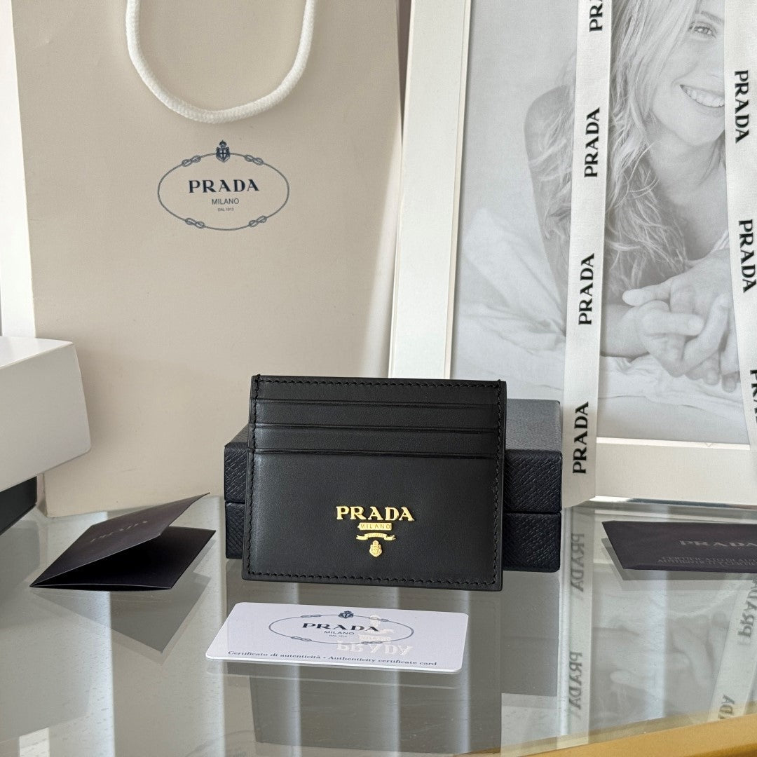 Pra Gold Logo-Stamp Card Holder Black Saffiano Leather