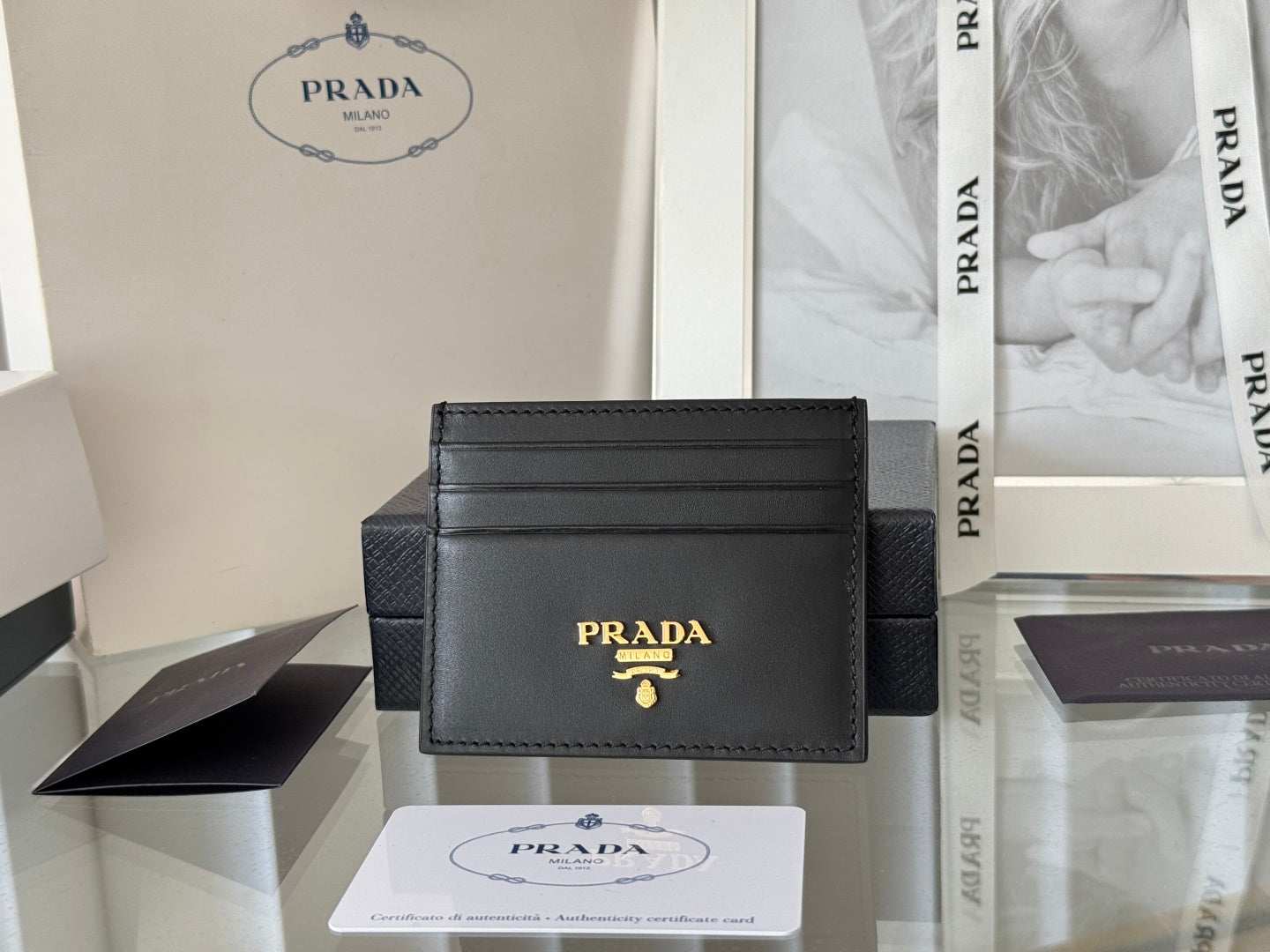 Pra Gold Logo-Stamp Card Holder Black Saffiano Leather