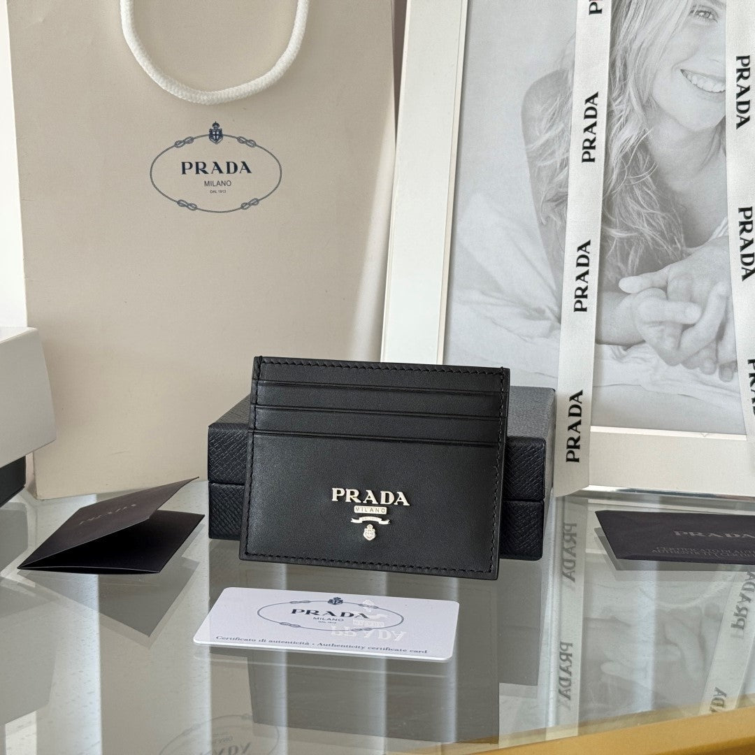 Pra Metal Logo-Stamp Card Holder Black Saffiano Leather