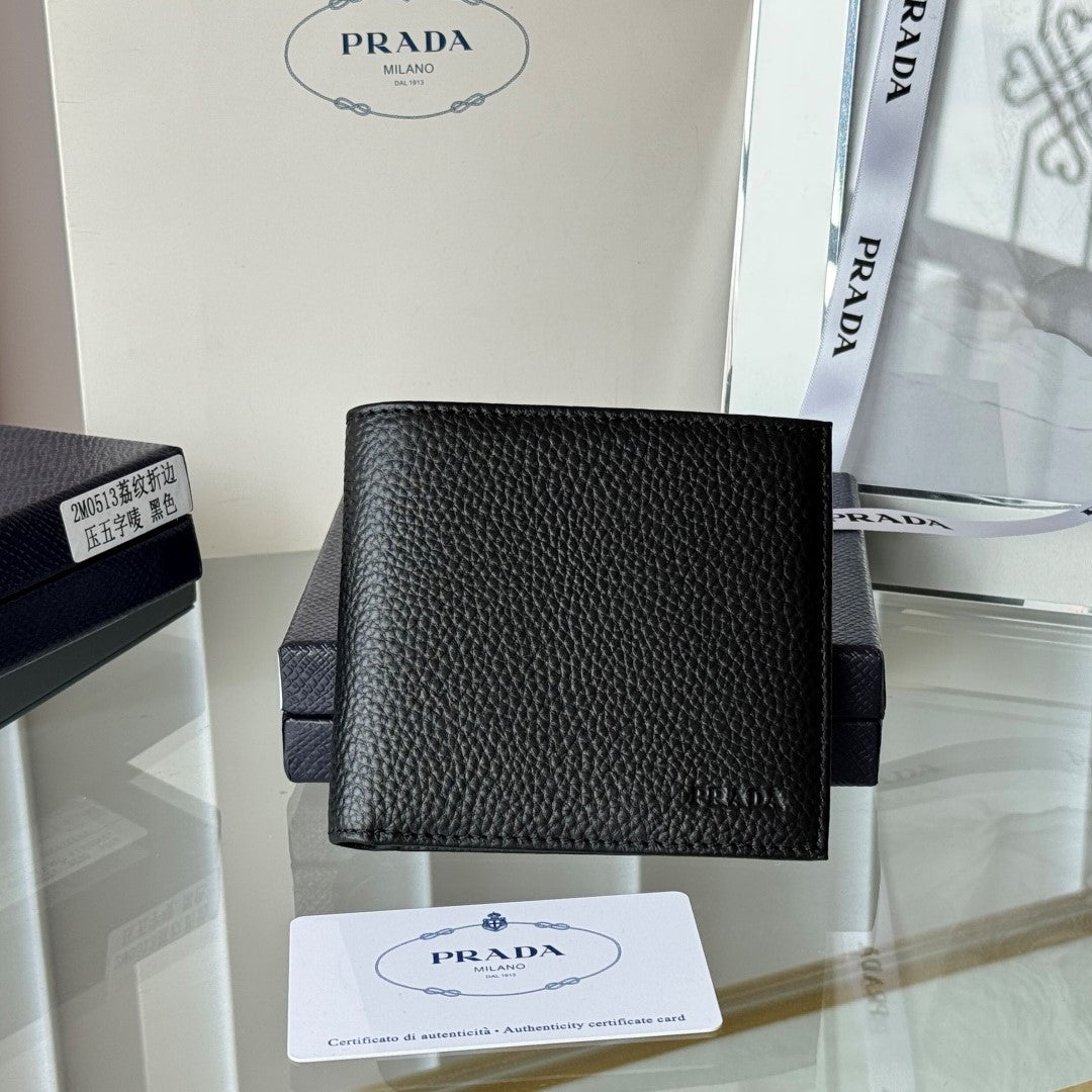 Pra 2M0513 Logo-Debossed Wallet 11cm Black lychee-grained cowhide