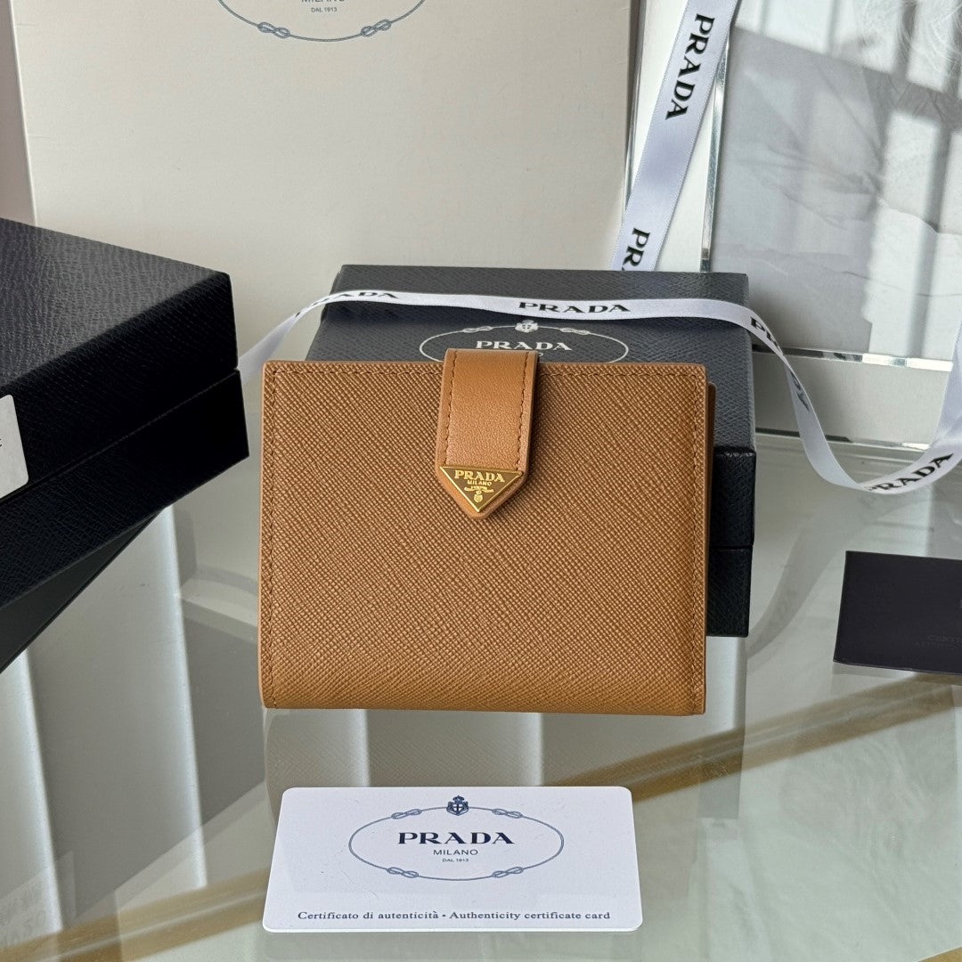 Pra 1MV204 Small Wallet Brown Saffiano & Smooth Leather