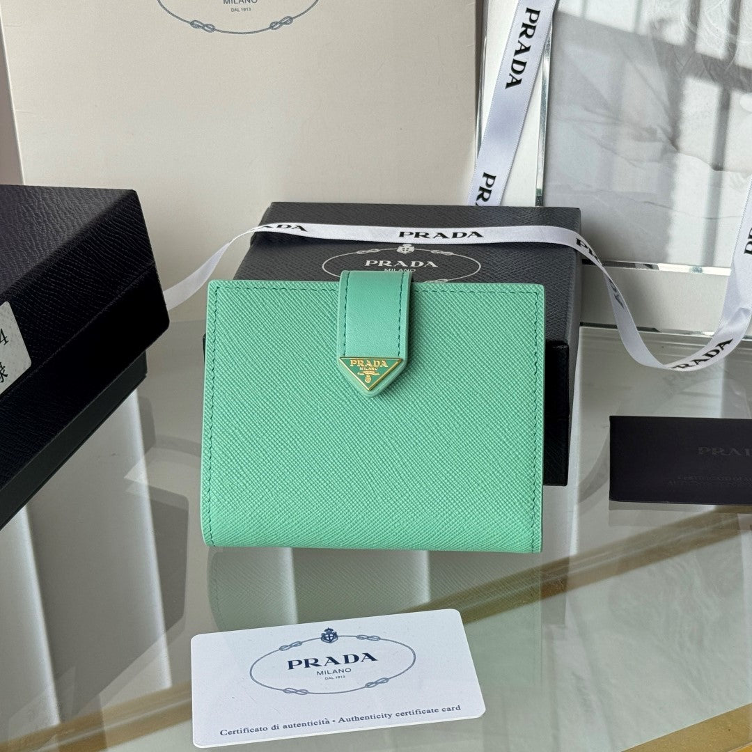 Pra 1MV204 Small Wallet Light Green Saffiano & Smooth Leather