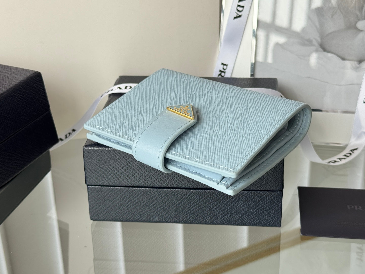 Pra 1MV204 Small Wallet Light Blue Saffiano & Smooth Leather