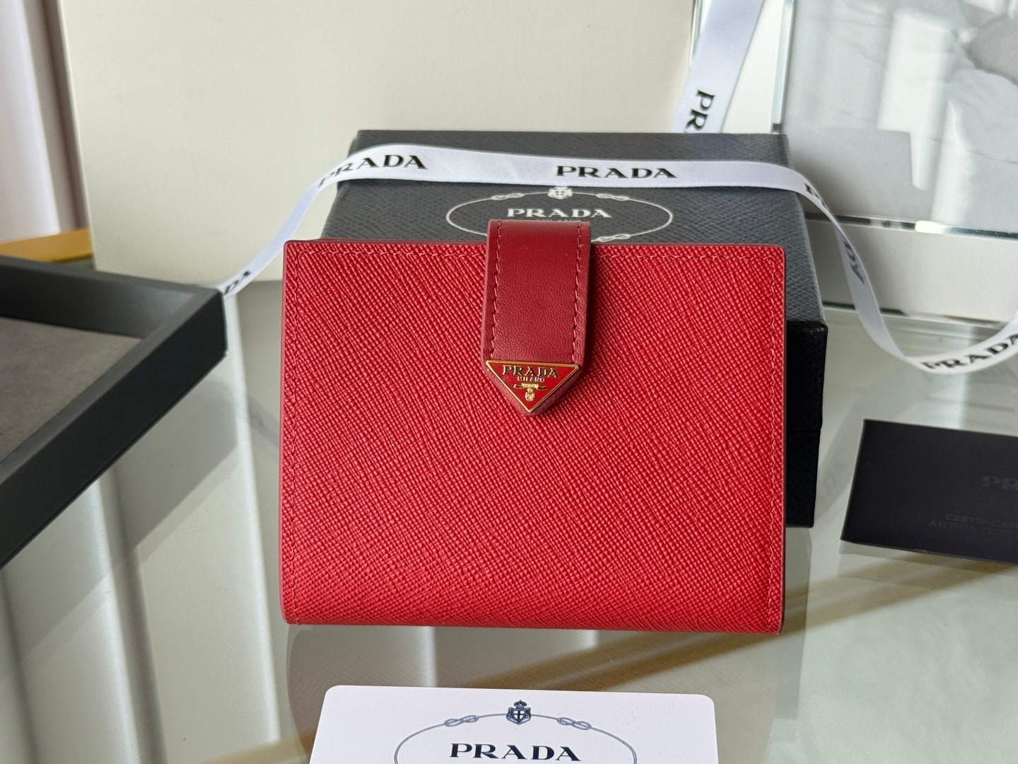 Pra 1MV204 Small Wallet Red Saffiano & Smooth Leather