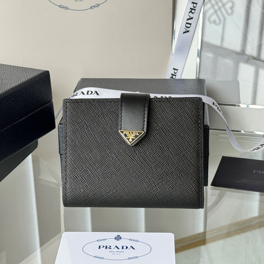 Pra 1MV204 Small Wallet Black Gold Tone Saffiano & Smooth Leather