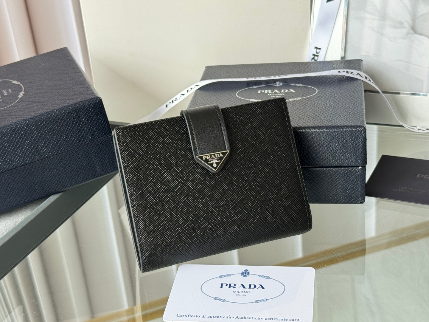 Pra 1MV204 Small Wallet Black Silver Tone Saffiano & Smooth Leather