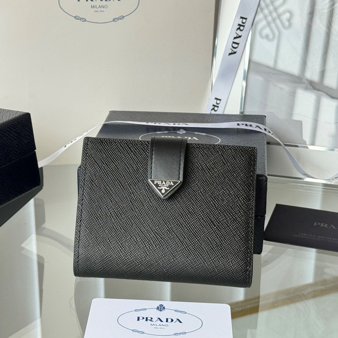Pra 1MV204 Small Wallet Black Silver Tone Saffiano & Smooth Leather