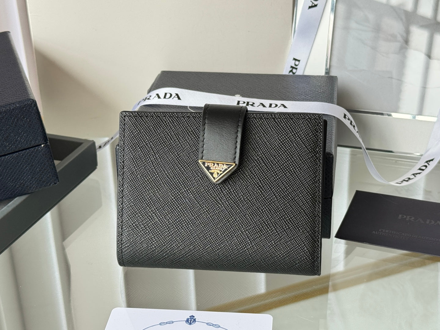 Pra 1MV204 Small Wallet Black Gold Tone Saffiano & Smooth Leather