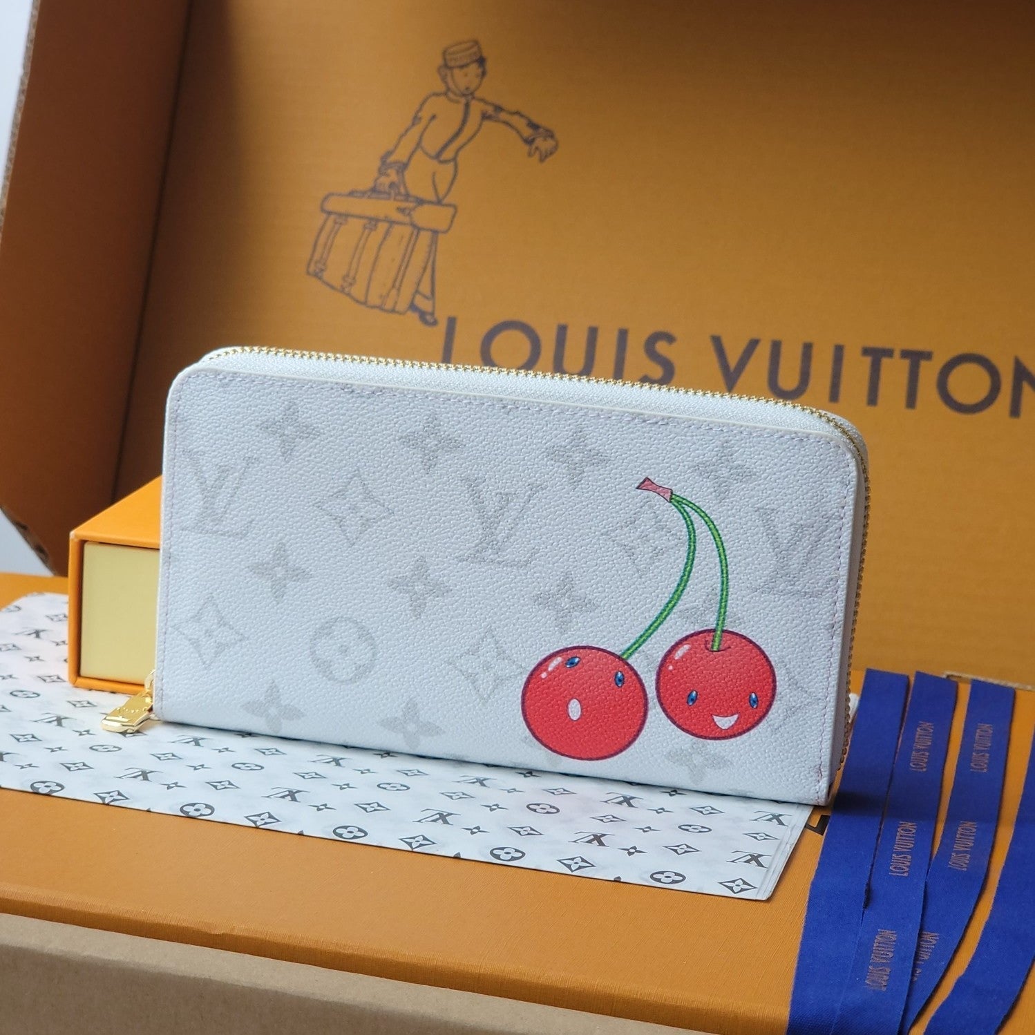 LV x TM Zippy Wallet White Monogram Canvas With Cherry Motif