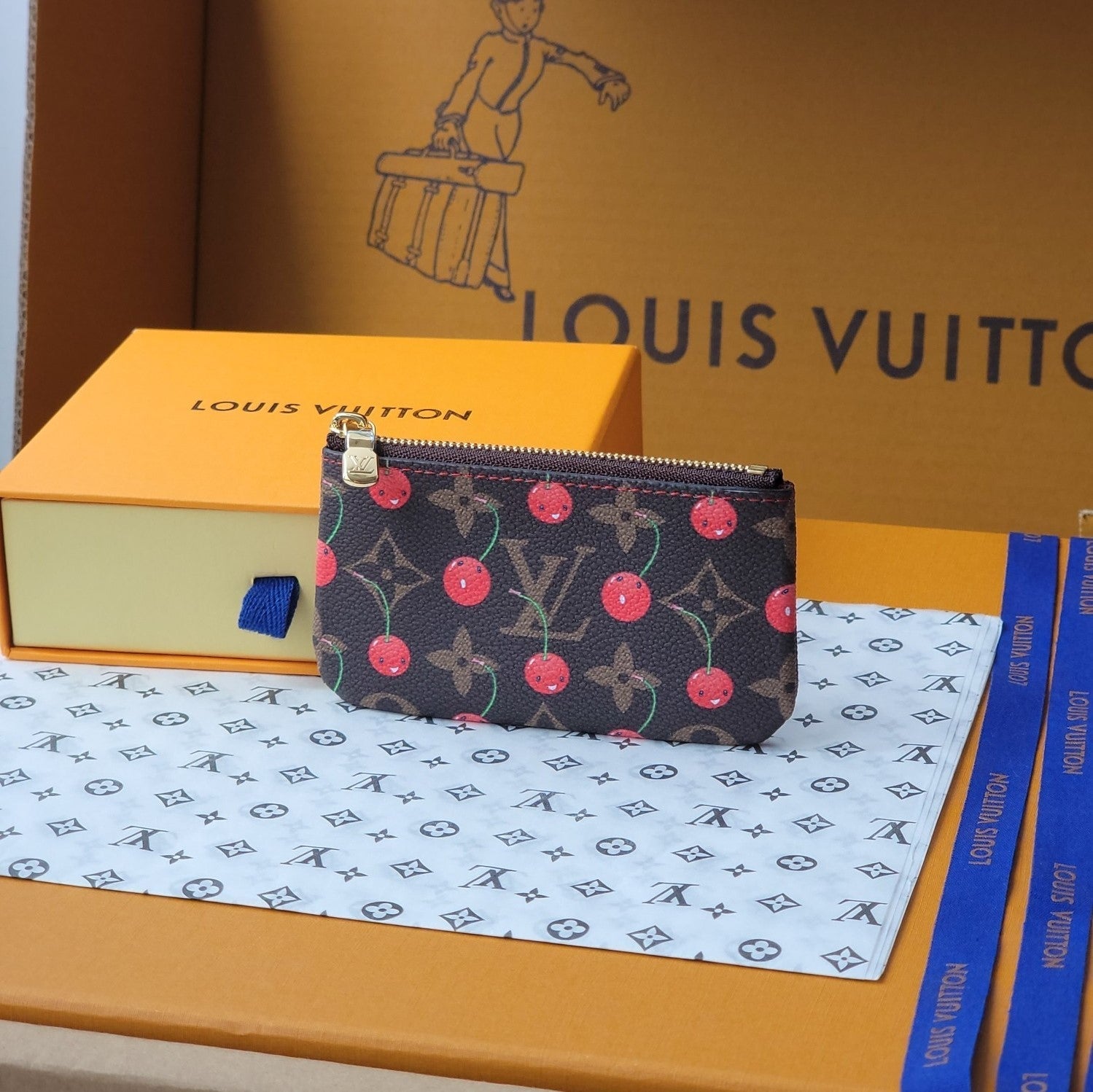 LV x TM Pochette Cre Coin Purse Brown Monogram Canvas With Cherry Motif