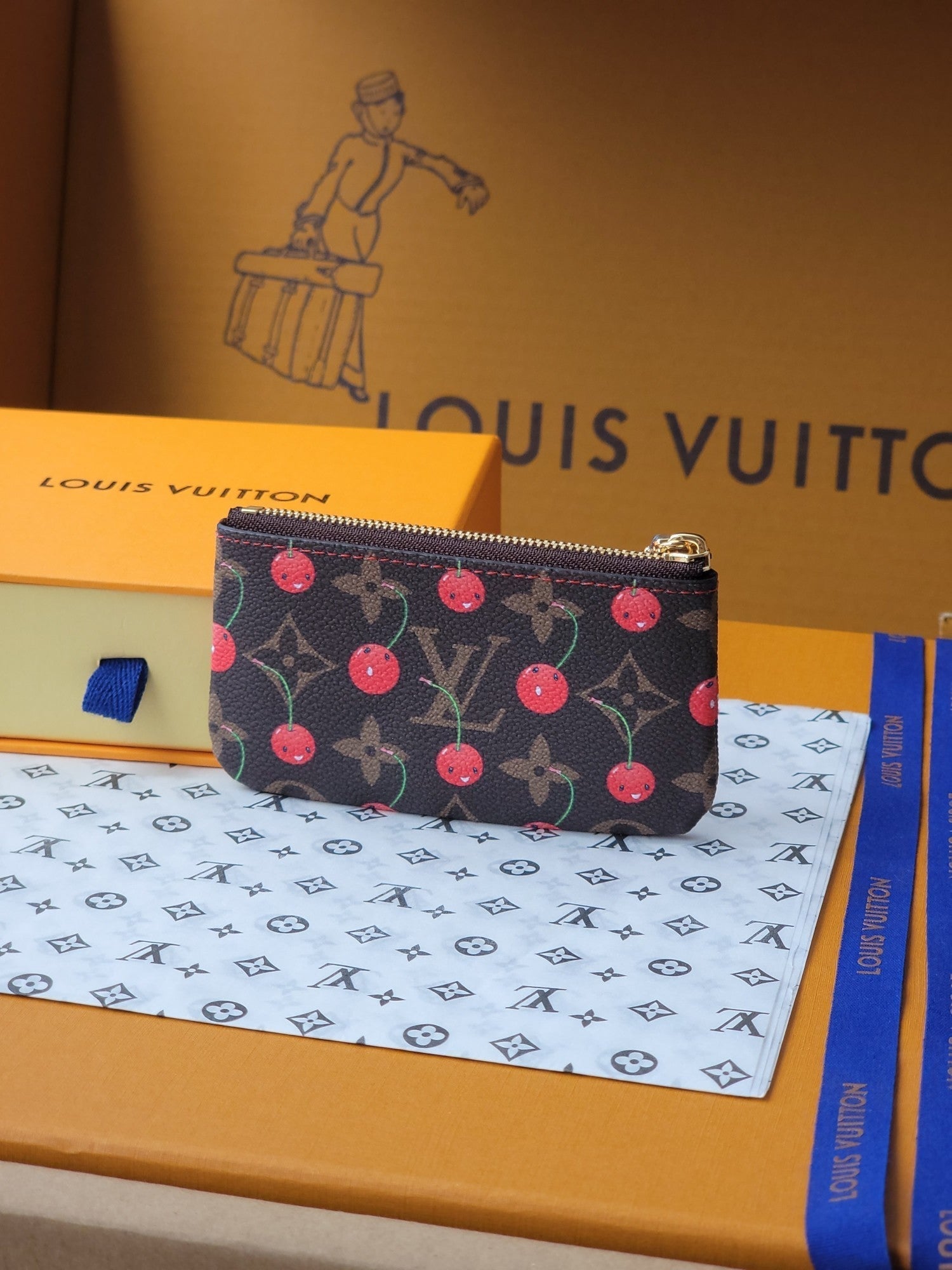 LV x TM Pochette Cre Coin Purse Brown Monogram Canvas With Cherry Motif