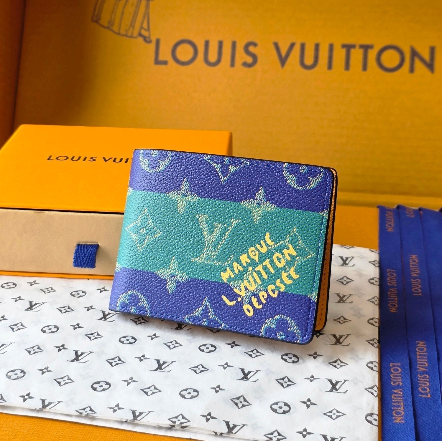 LV M25795 Multiple Wallet Dark Blue Teal Green Cowhide