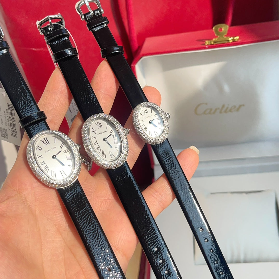 Baignoire Silver Diamond Case Black Leather Strap