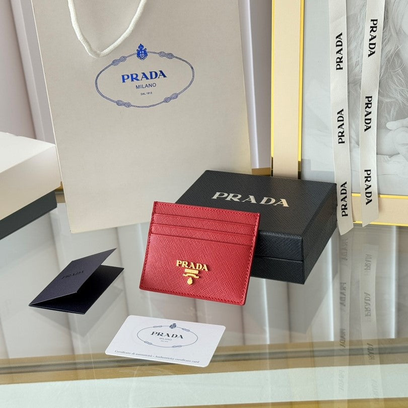 Pra Gold Logo-Stamp Card Holder Red Saffiano Leather