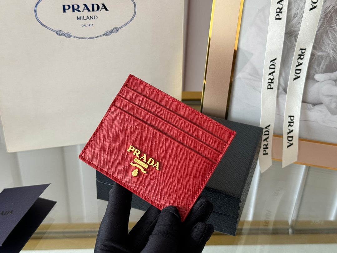 Pra Gold Logo-Stamp Card Holder Red Saffiano Leather