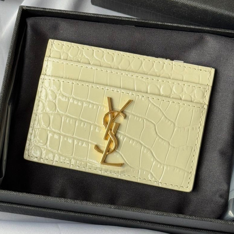 YSL Card Holder 10cm Wallet Cream Gold Crocodile Leather 240565