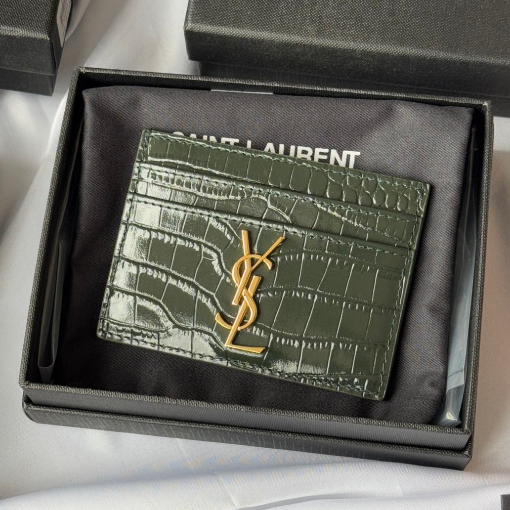 YSL Card Holder 10cm Wallet Dark Green Gold Crocodile Leather 240561