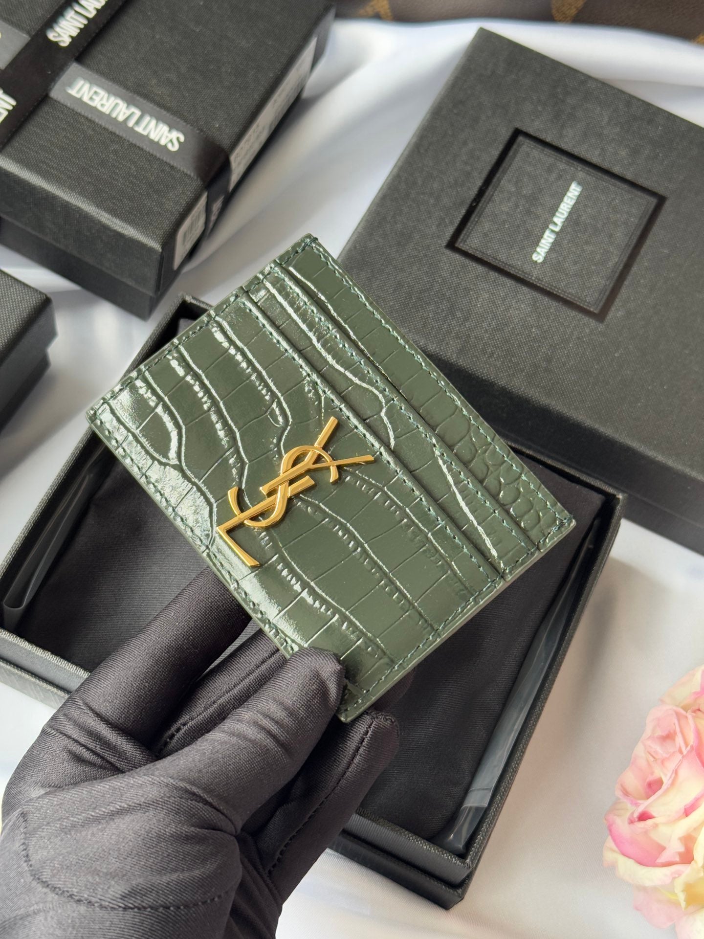 YSL Card Holder 10cm Wallet Dark Green Gold Crocodile Leather 240561