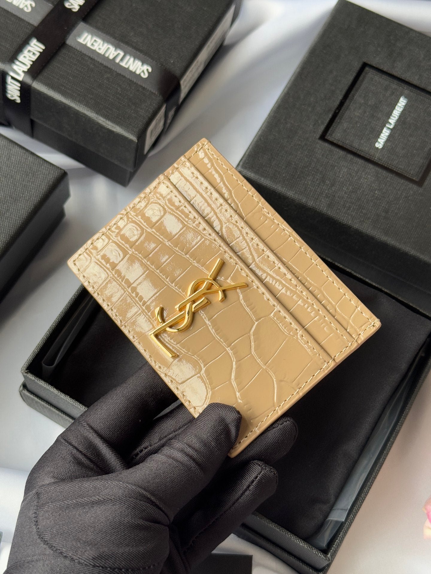 YSL Card Holder 10cm Wallet Beige Gold Crocodile Leather 240555