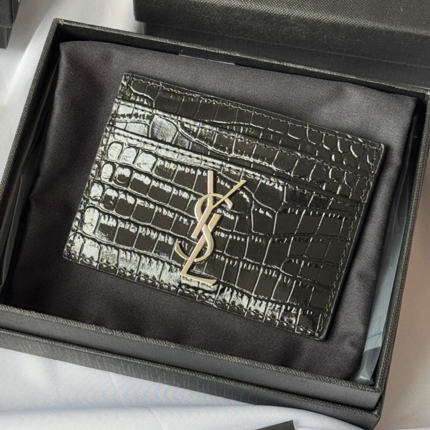 YSL Card Holder 10cm Wallet Black Silver Crocodile Leather 240554