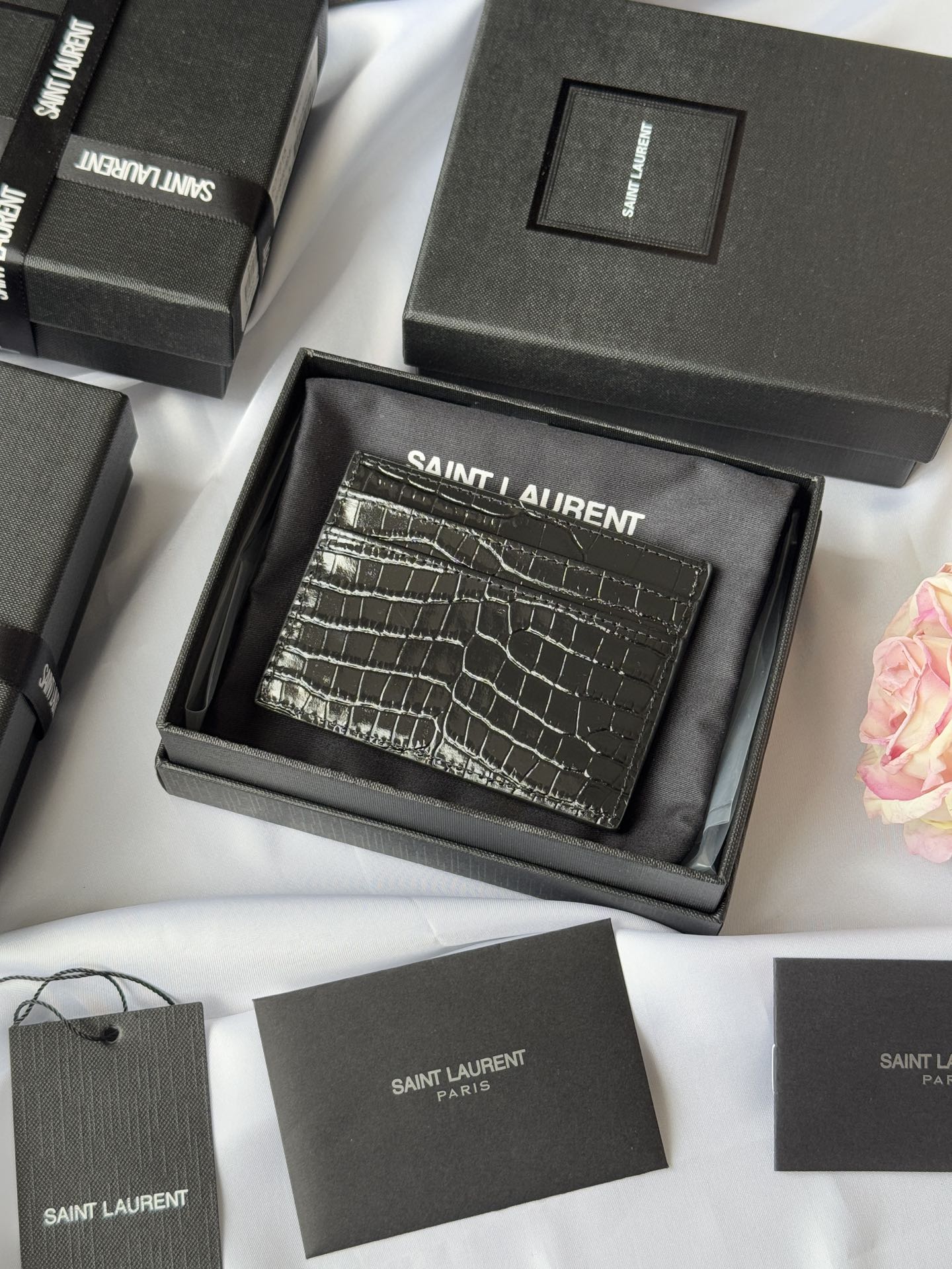 YSL Card Holder 10cm Wallet Full Black Crocodile Leather 240552