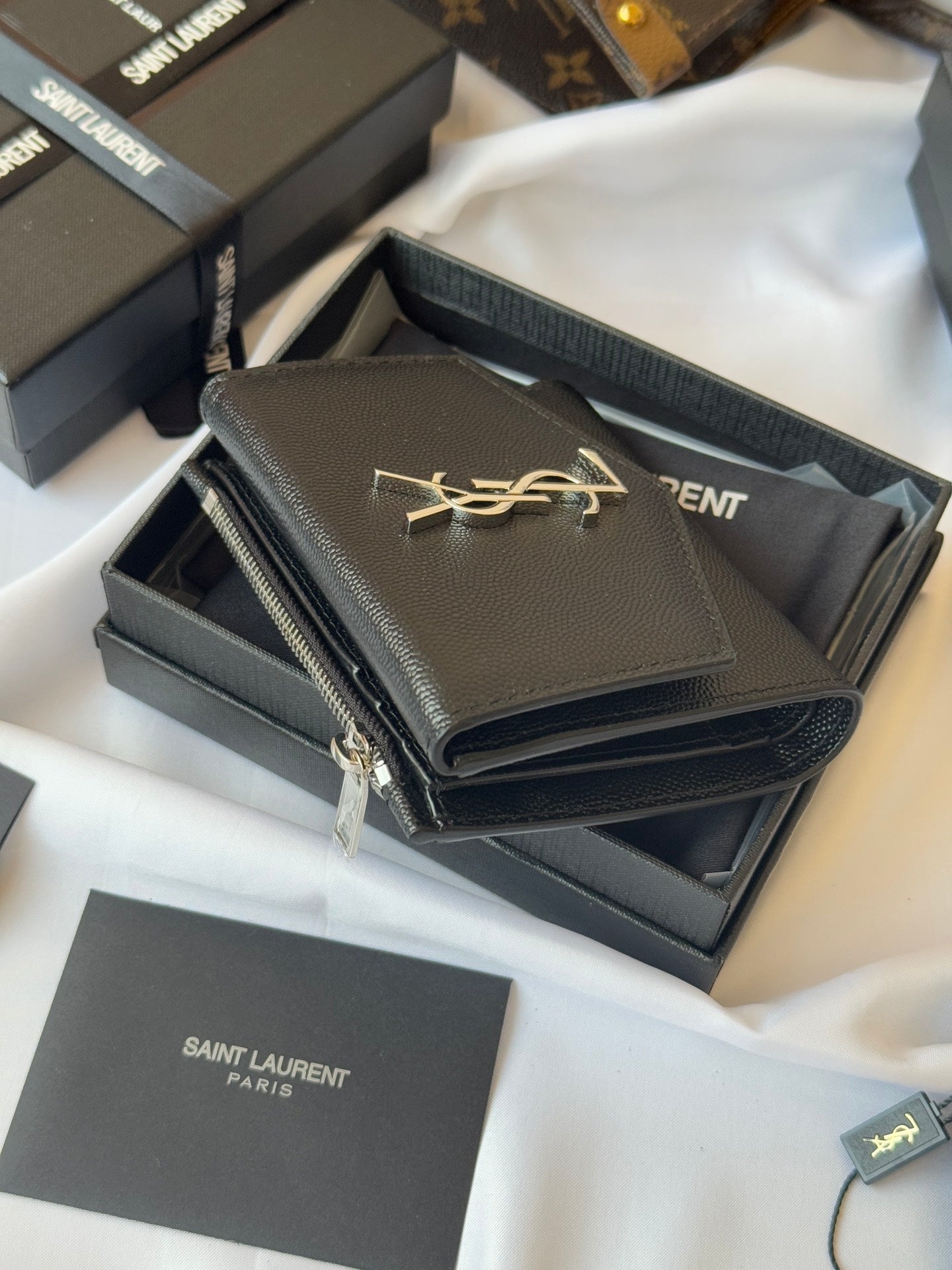 YSL Tri-fold Wallet Black Silver Cowhide 242758