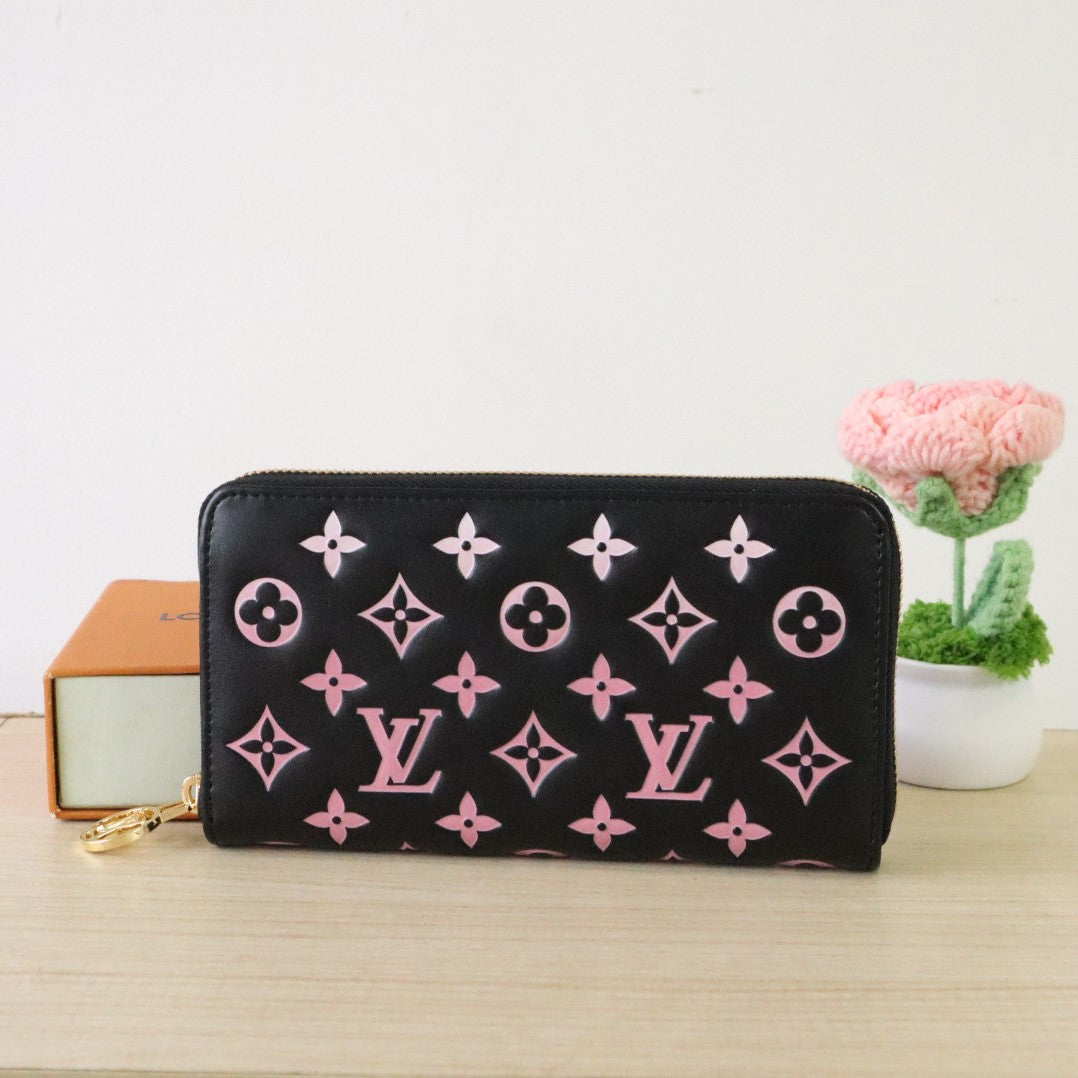 LV × TM Zippy Wallet 19.5cm Black Pink Monogram Embossed Lambskin GHW