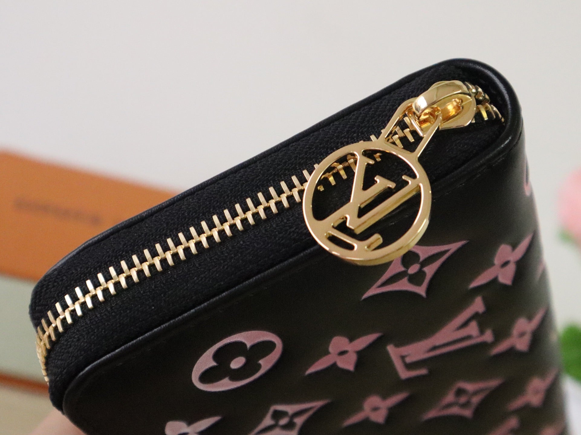 LV × TM Zippy Wallet 19.5cm Black Pink Monogram Embossed Lambskin GHW