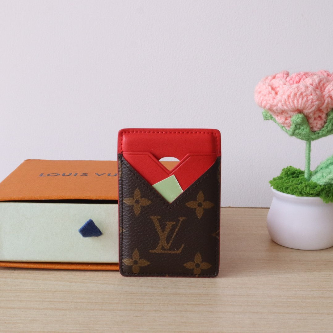LV Porte-Cartes Magnet Brown Red Monogram Canvas & Cowhide