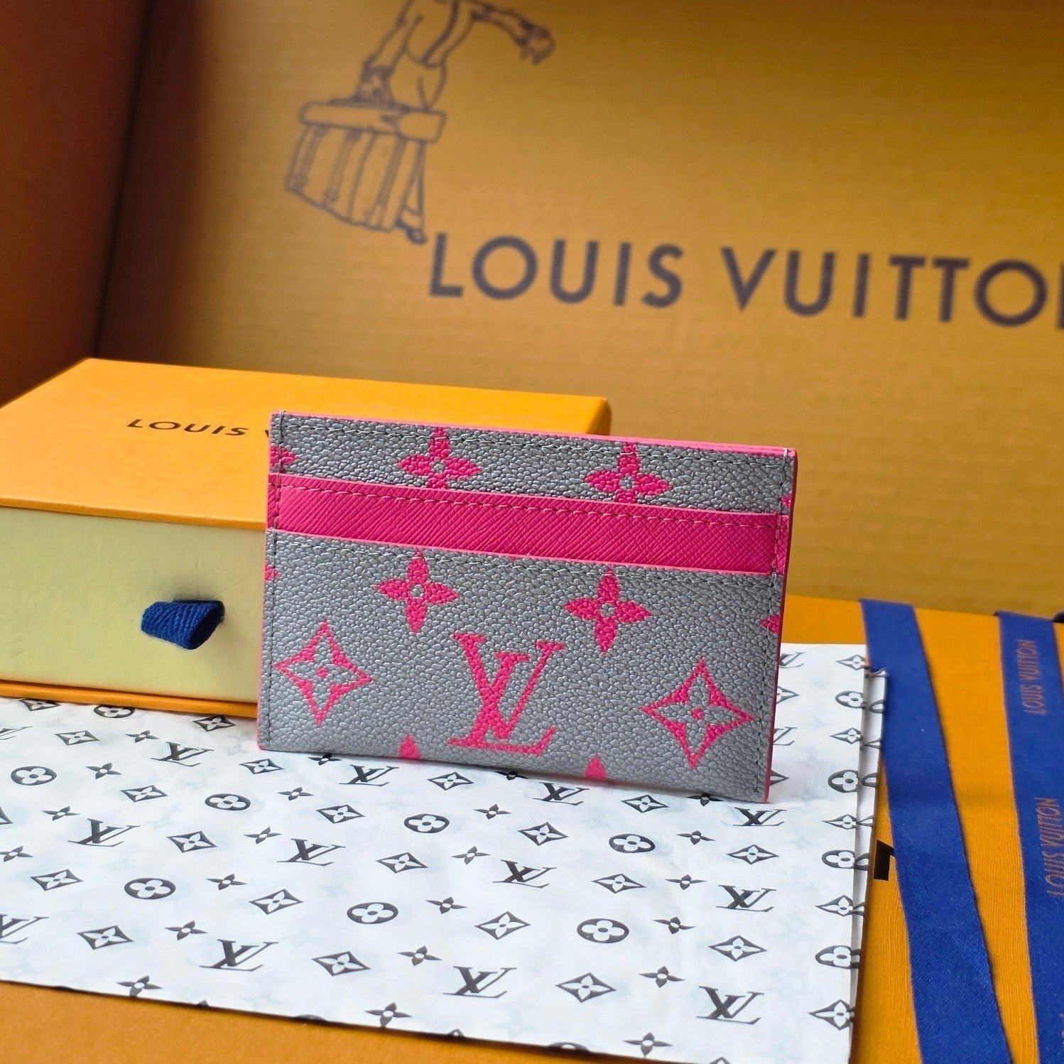 LV M14771 Double Card Holder Pink Gray Monogram Glow Canvas & Cowhide