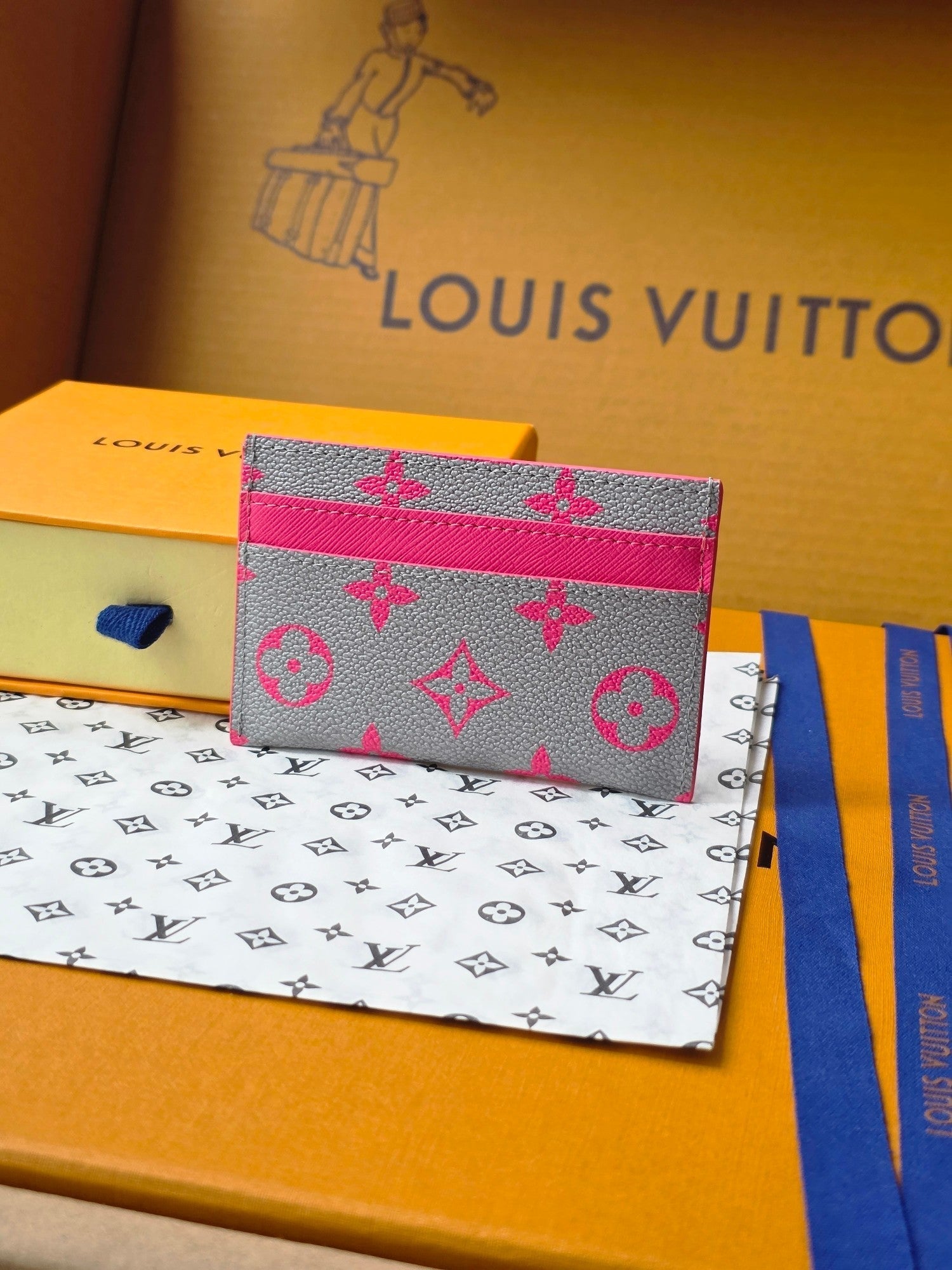 LV M14771 Double Card Holder Pink Gray Monogram Glow Canvas & Cowhide