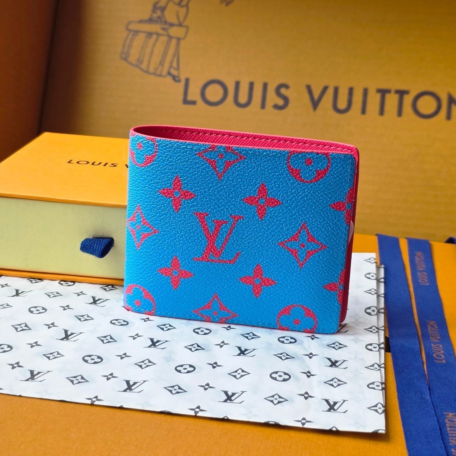 LV M14694 Multiple Wallet Blue Red Monogram Glow Canvas & Cowhide