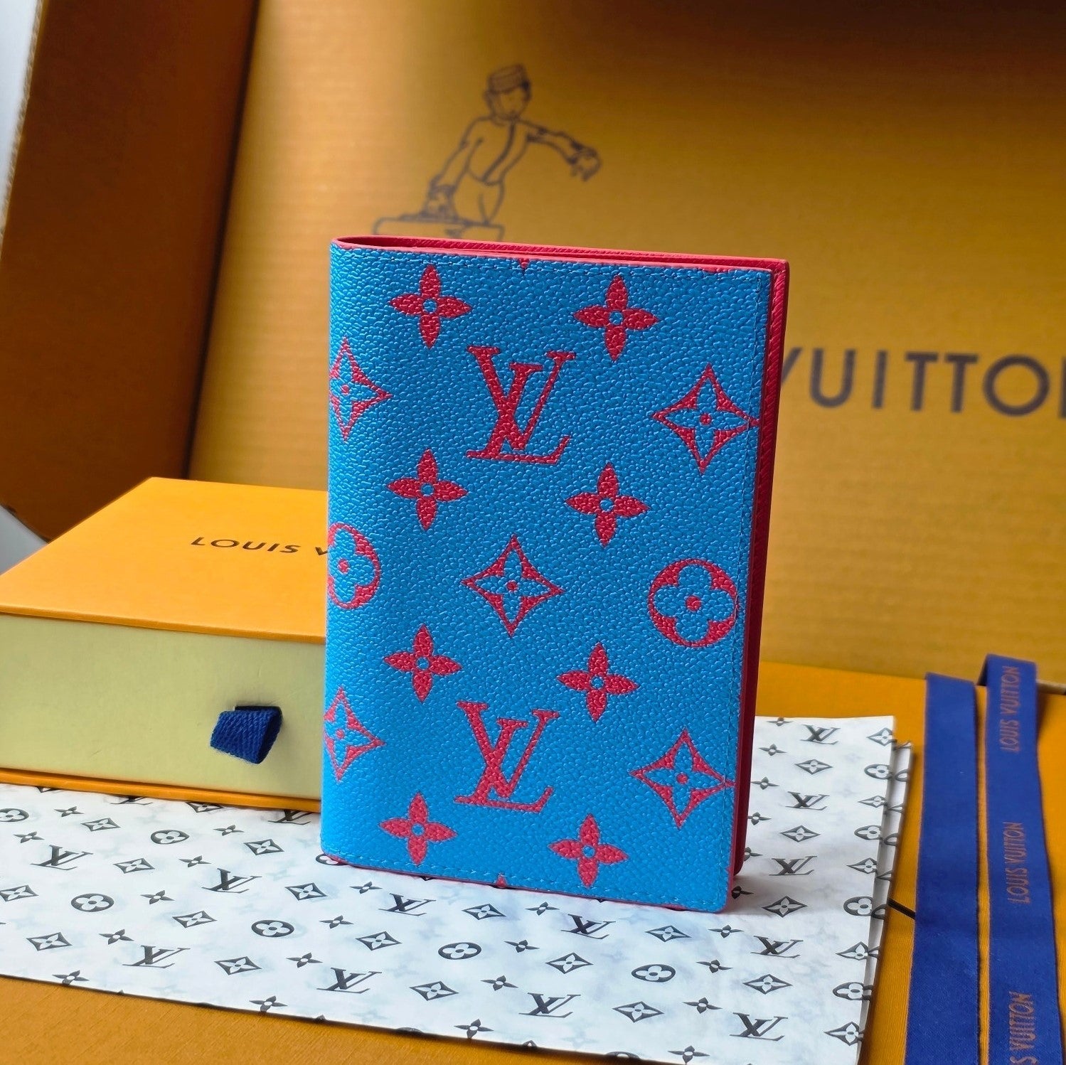 LV M14770 Passport Cover Blue Red Monogram Glow Canvas & Cowhide