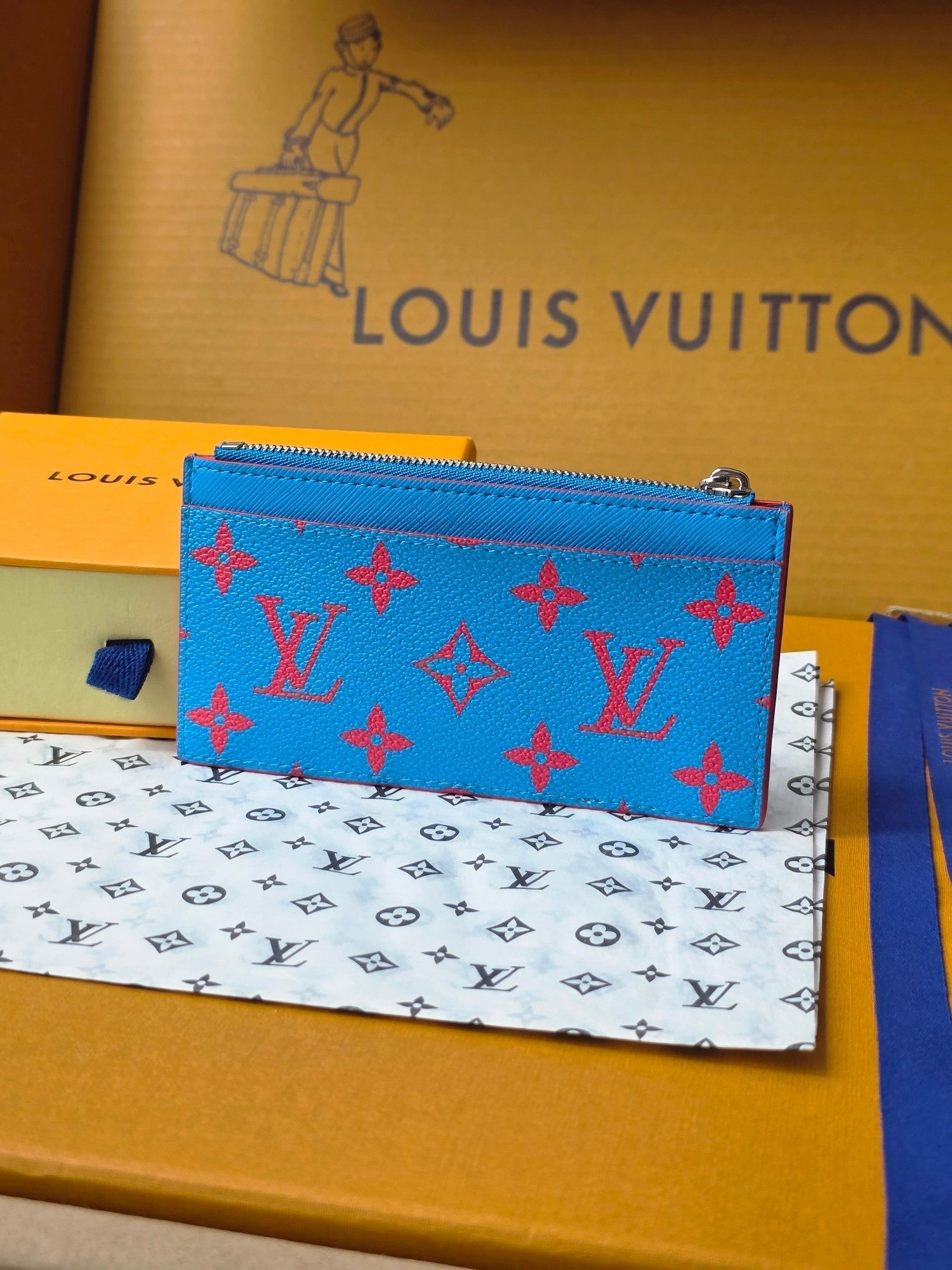 LV M14762 Coin Card Holder Blue Red Monogram Glow Canvas & Cowhide