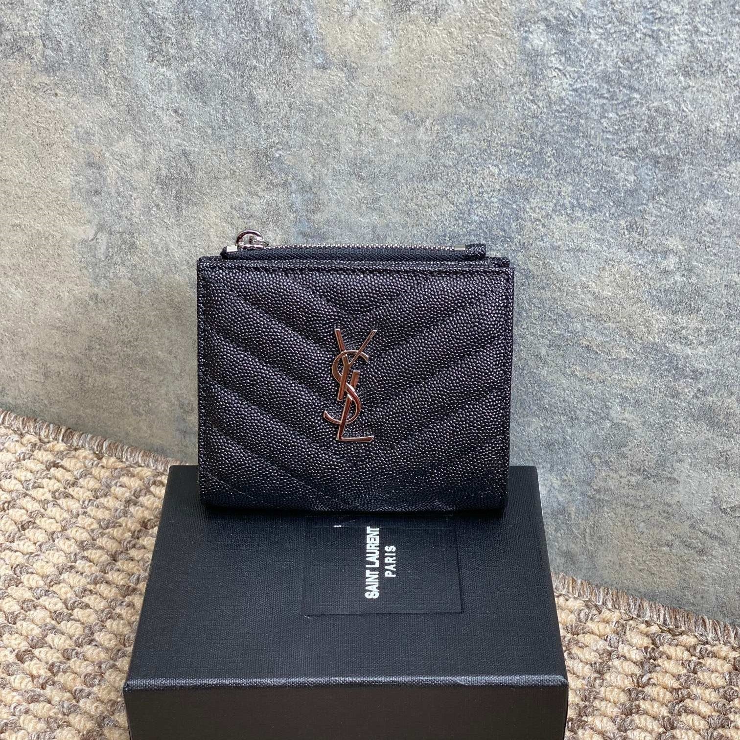 YSL Cassandre Matelassé Bi-Fold Wallet Black Caviar Cowhide Sliver HW